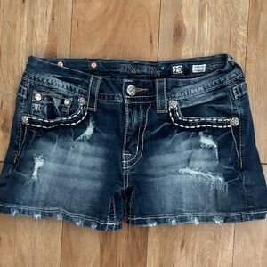 Miss Me Dark Blue Jean Shorts with Distressed Details